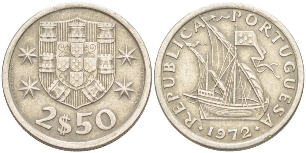 ПОРТУГАЛИЯ 2,5 ЭСКУДО 1972 ПАРУСНИК KM 590 медно-никель 4513-1142