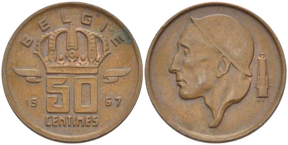 Бельгия 50 сантимов 1967 Belgie, Бодуэн I (1951-1993) KM 149.1 бронза 3458-112