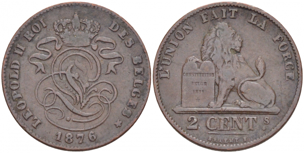 Бельгия 2 сантима 1876 Belges, Леопольд II (1865-1909) KM 35.1 медь 110-152