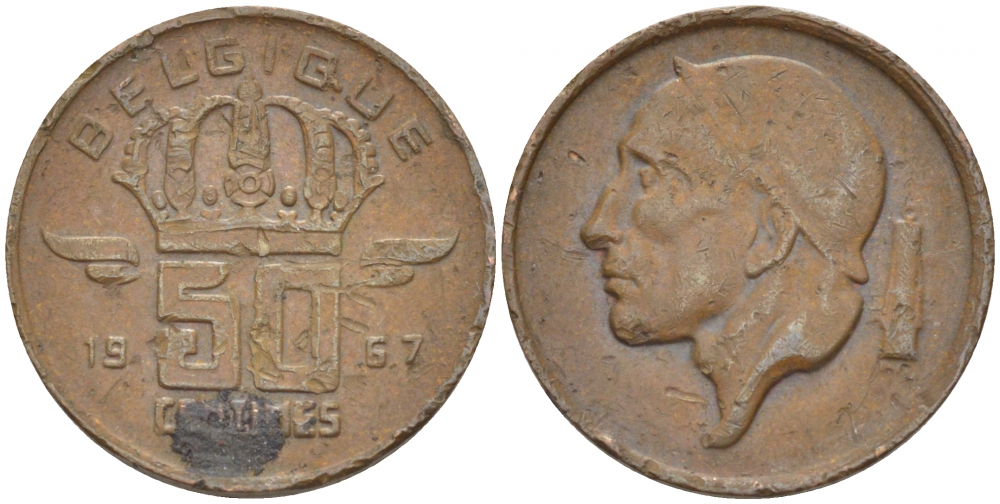 БЕЛЬГИЯ 50 САНТИМОВ 1967 BELGIQUE KM 148.1 бронза 96-1216