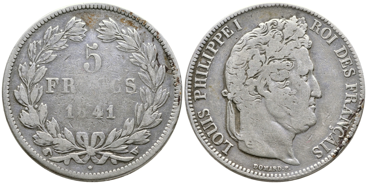 Франция 5 франков 1841 W, Луи Филипп I (1830-1848) KM 749.13 серебро 1066-6-54