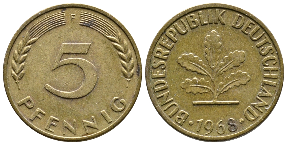 ФРГ 5 ПФЕННИГОВ 1968 F KM 107, J.382 сталь плакированная латунью 26-1139