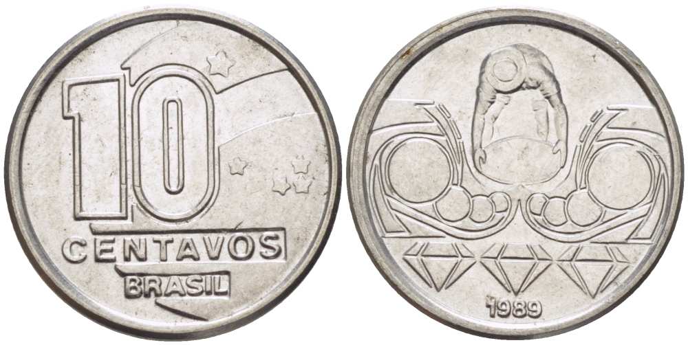Бразилия 10 сентаво 1989 золотодобыча KM 613 нержавеющая сталь 105-938