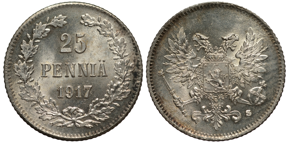 Россия для Финляндии 25 пенни 1917 S, временное правительство, без короны KM 19, Биткин 2 серебро 75-1522