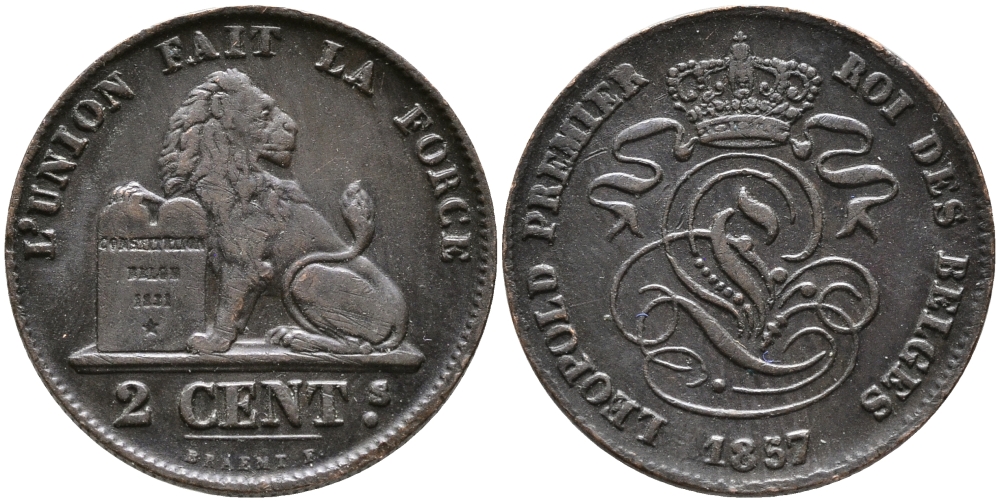 БЕЛЬГИЯ 2 САНТИМА 1857 KM 4.2 медь 3334-531