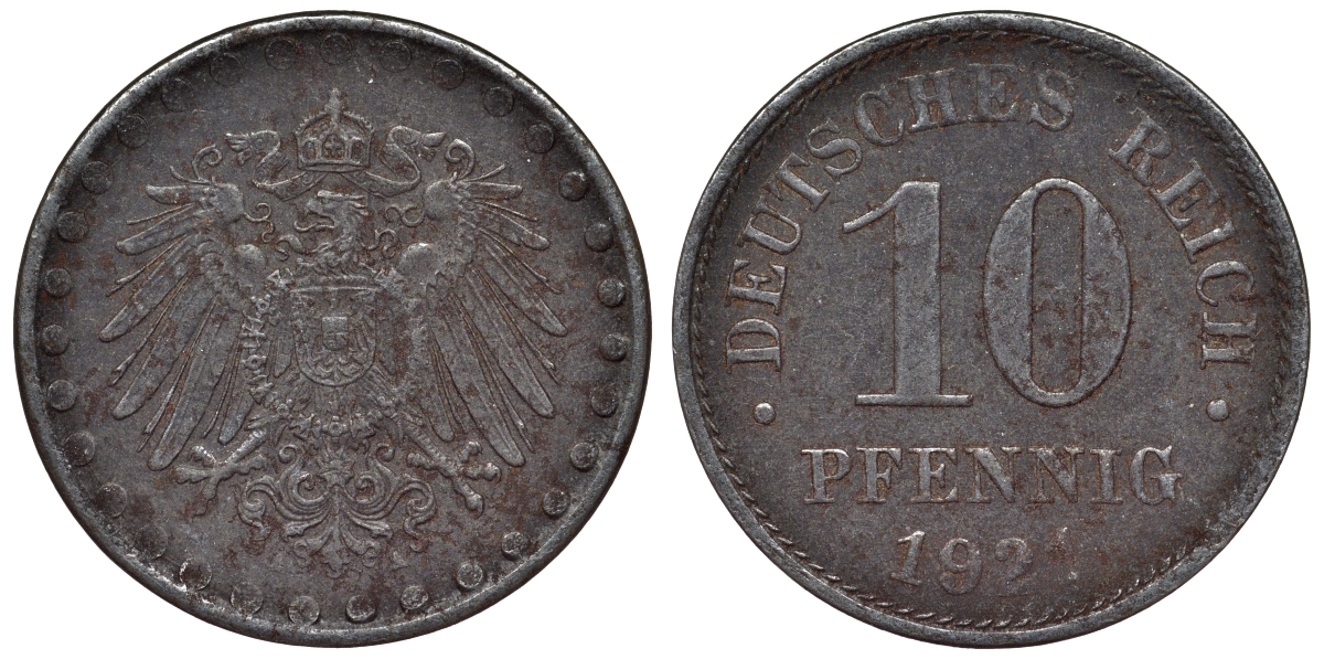 Германия 10 пфеннигов 1921 A KM 20, J. 298 железо 4119-241