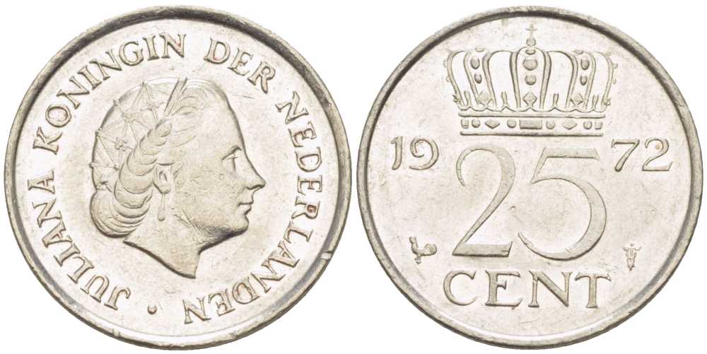 Нидерланды 25 центов 1972 Юлиана (1948-1980) KM 183 никель 214-963