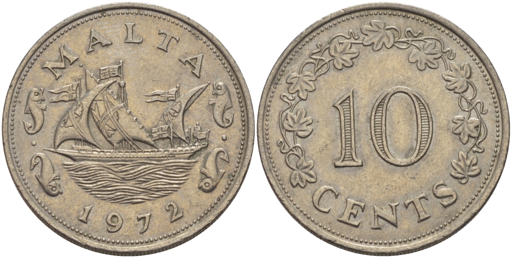 Мальта 10 центов 1972 баржа Великого магистра KM 11 медно-никель 82-525