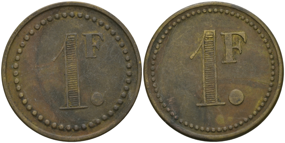 ФРАНЦИЯ 1 ФРАНК ND ПЛАТЕЖНЫЙ ЖЕТОН НАЧАЛА XX ВЕКА, ЦИФРЫ НОМИНАЛА 13 ММ., ДИАМЕТР 24 ММ. латунь 65-437