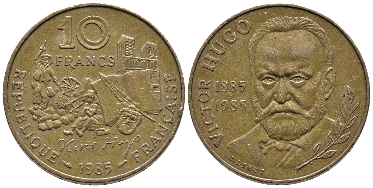 Франция 10 франков 1985 100 лет со дня смерти Виктора Гюго (1802-1885) KM 956, Le Franc 370.3 никель бронза 80-527