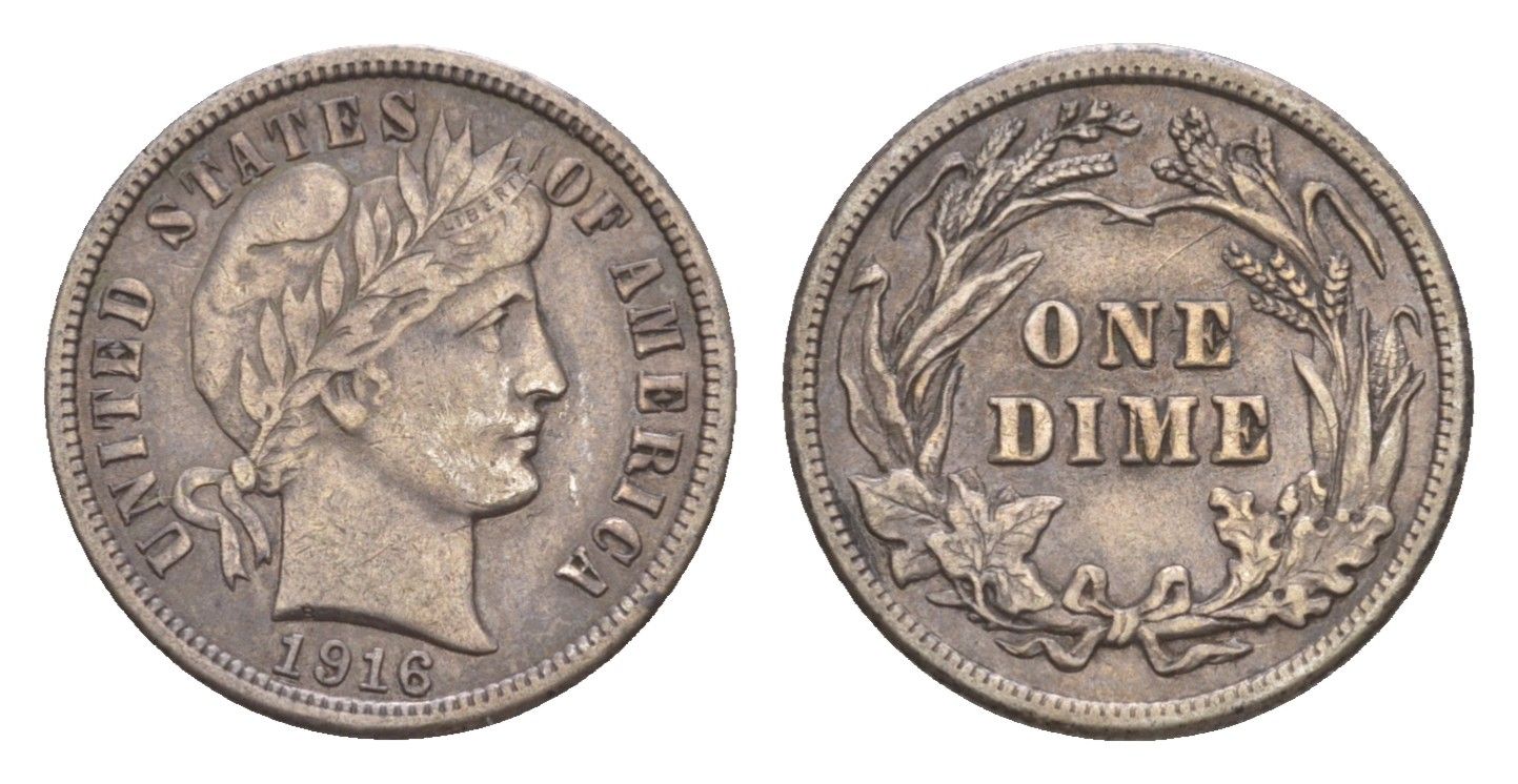 США 1 дайм = 10 центов 1916 Барбер KM 113 серебро 1520-1124