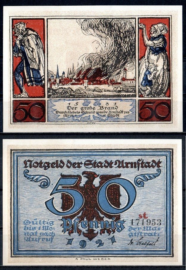 Арнштадт (Тюрингия) 50 пфеннигов 1921 Mehl Grabowski 43.3a-4/6 бумага UNC (пресс) 7556-18-2-2