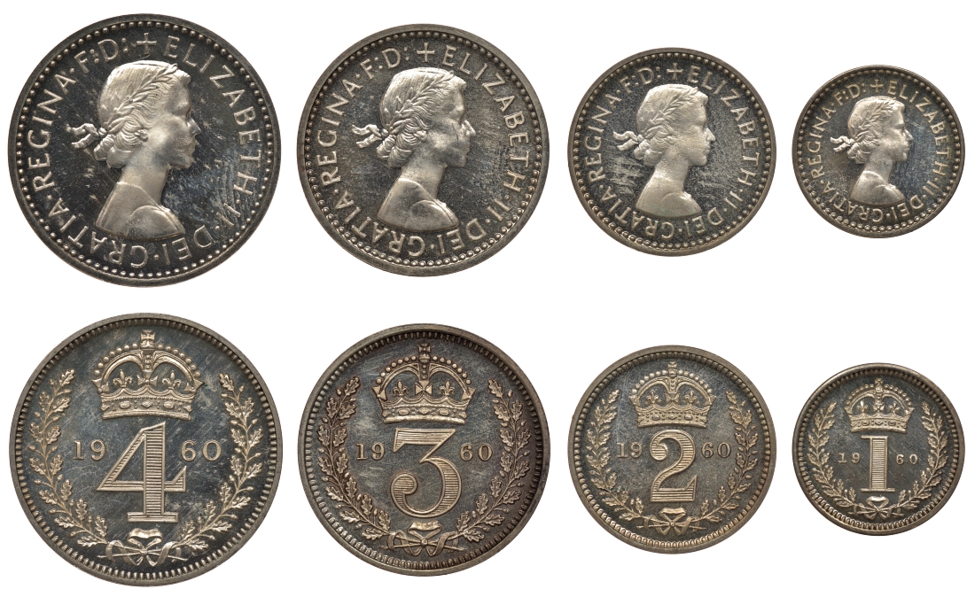 Великобритания набор из 4 монет 1960 1, 2, 3 и 4 пенса, Елизавета II (1952- ), Манди сет Spink 4131 серебро UNC 00-821-21
