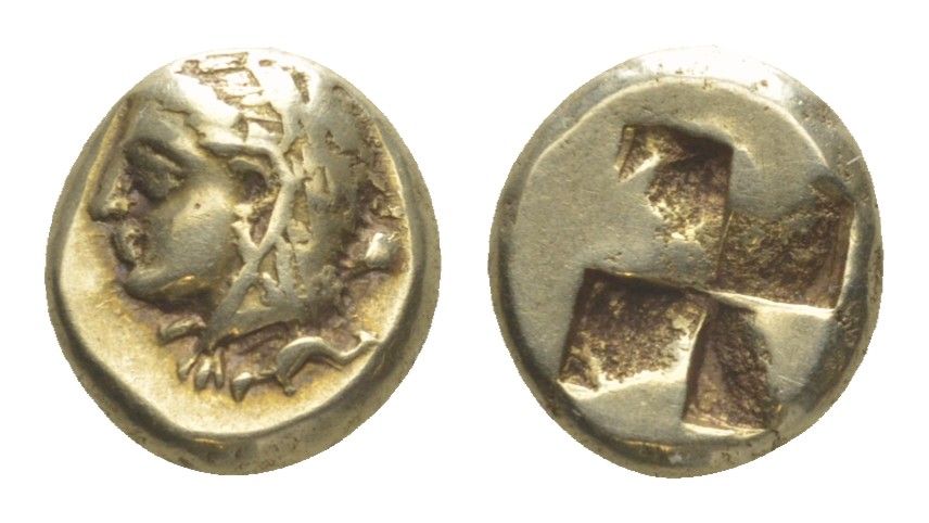Иония, Фокея гекта (1/6 статера) 387-326 гг. до н.э. голова Лидийской царицы Омфалы в львиной шкуре Геракла/инкузное углубление, 2,57 гр SNG von Aulock 2133 электр 00-801-95