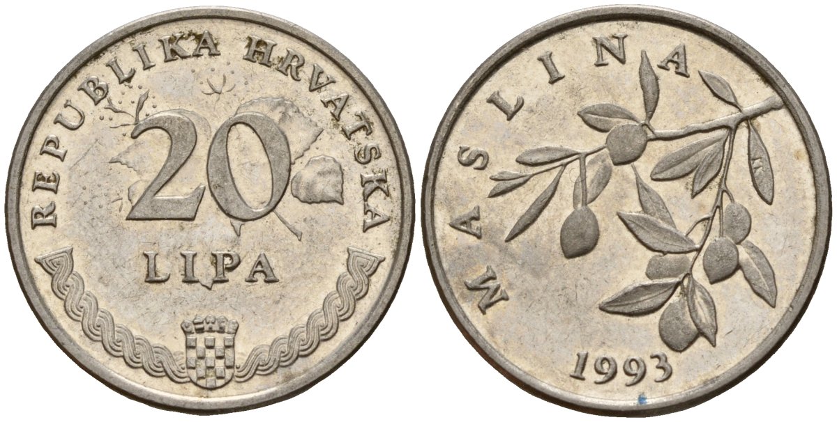 Хорватия 20 лип 1993 олива, легенда на хорватском KM 7 сталь плакированная никелем 4154-628