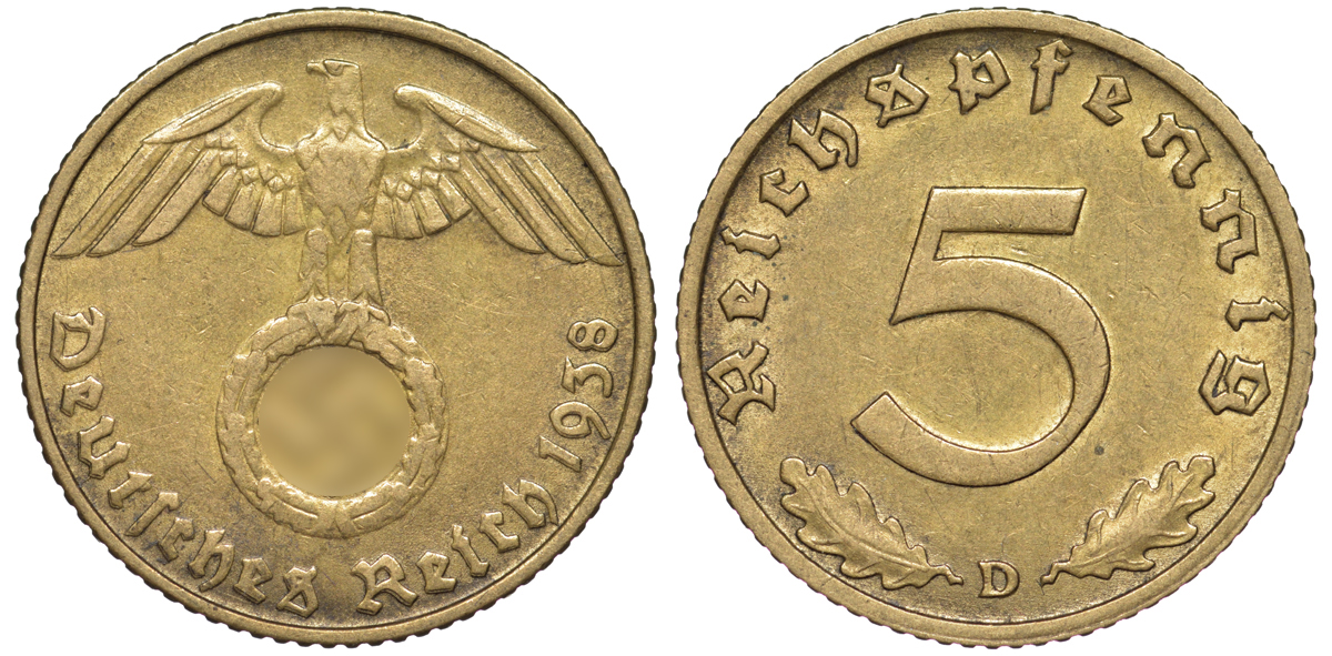 Германия 5 рейхспфеннигов 1938 D KM 91, J. 363 алюминиевая бронза 4602-1256