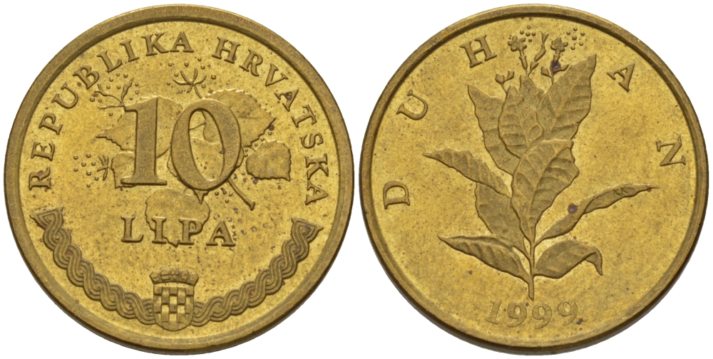 Хорватия 10 лип 1999 табак обыкновенный, легенда на хорватском KM 6 сталь плакированная латунью 66-527