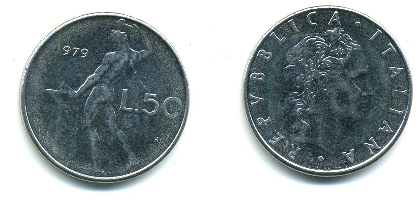 ИТАЛИЯ 50 ЛИР 1979 R, КУЗНЕЦ KM 95.1 нержавеющая сталь 72-614