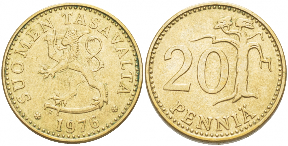 ФИНЛЯНДИЯ 20 ПЕННИ 1976 K KM 47 алюминиевая бронза 3718-625
