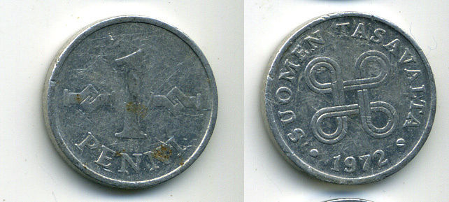 Финляндия 1 пенни 1972 KM 44a алюминий 61-1212