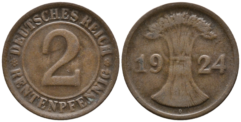 ГЕРМАНИЯ 2 РЕНТЕНПФЕННИГА 1924 D KM 31, J. 307 бронза 24-522
