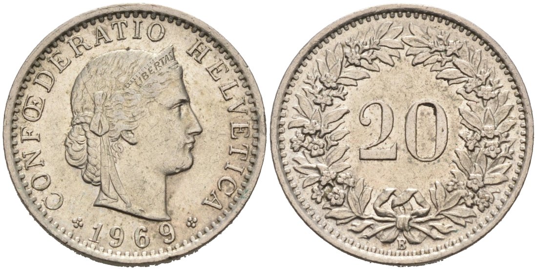 Швейцария 20 раппенов 1969 В KM 29а медно-никель 4566-1224