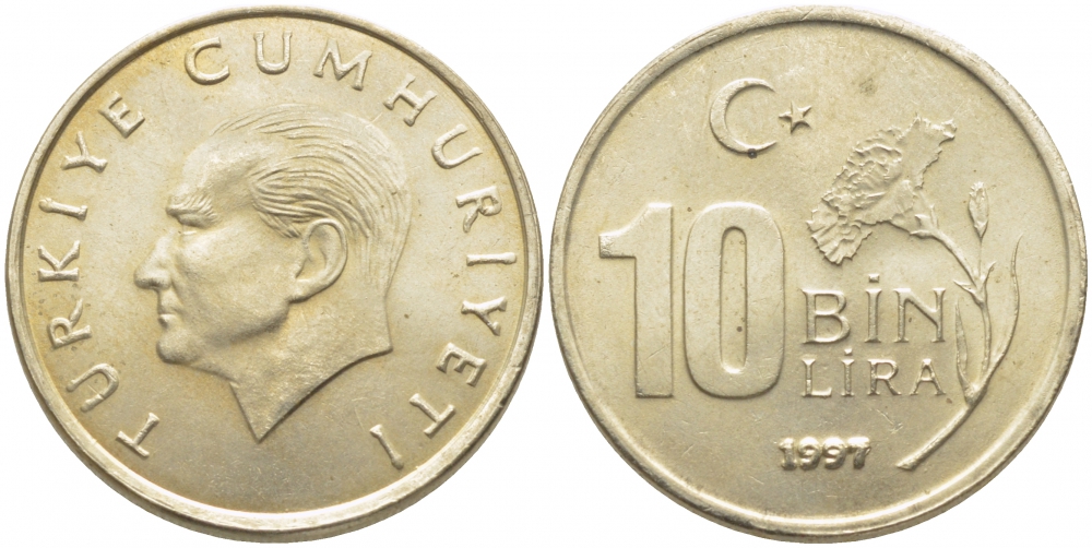 Турция 10000 лир 1997 Мустафа Кемаль Ататюрк KM 1027.1 медь никель цинк 3856-616