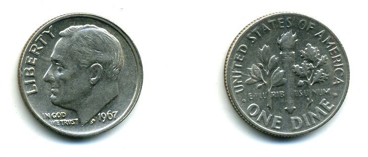 США 10 центов (дайм) 1967 Рузвельт KM 195а медь плакированная медно-никелем 46-2353