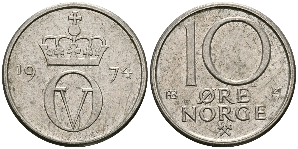 Норвегия 10 эре 1974 Улаф V (1958-1991) KM 416 медно-никель 84-358