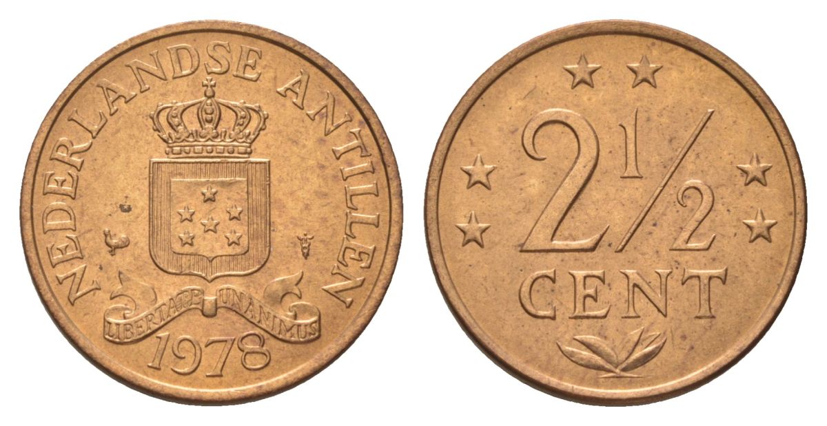 Нидерландские Антильские острова (Нидерландские Антилы) 2 1/2 цента 1978 KM 9 бронза UNC 4627-664