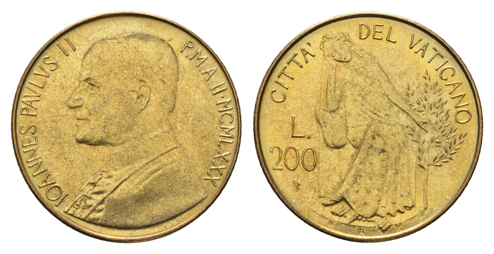 Ватикан 200 лир 1980 MCMLXXX KM 147 алюминиевая бронза UNC 54-2143