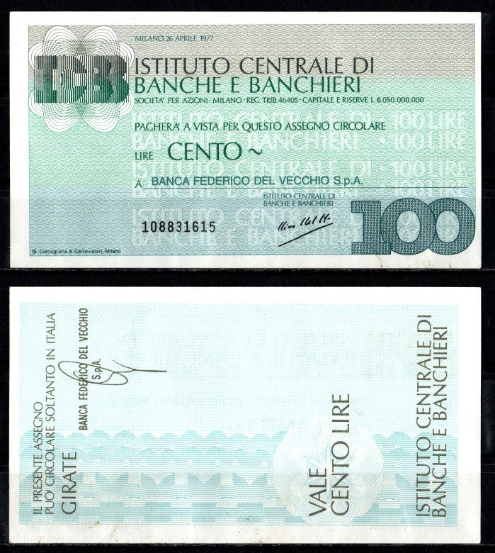 Италия чек 100 лир 1977 Pick G1333 a бумага aUNC 2198-16-2-1