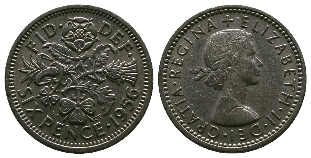 Великобритания 6 пенсов 1956 Елизавета II (1952-2022) KM 903, Spink 4149 медно-никель 4381-652