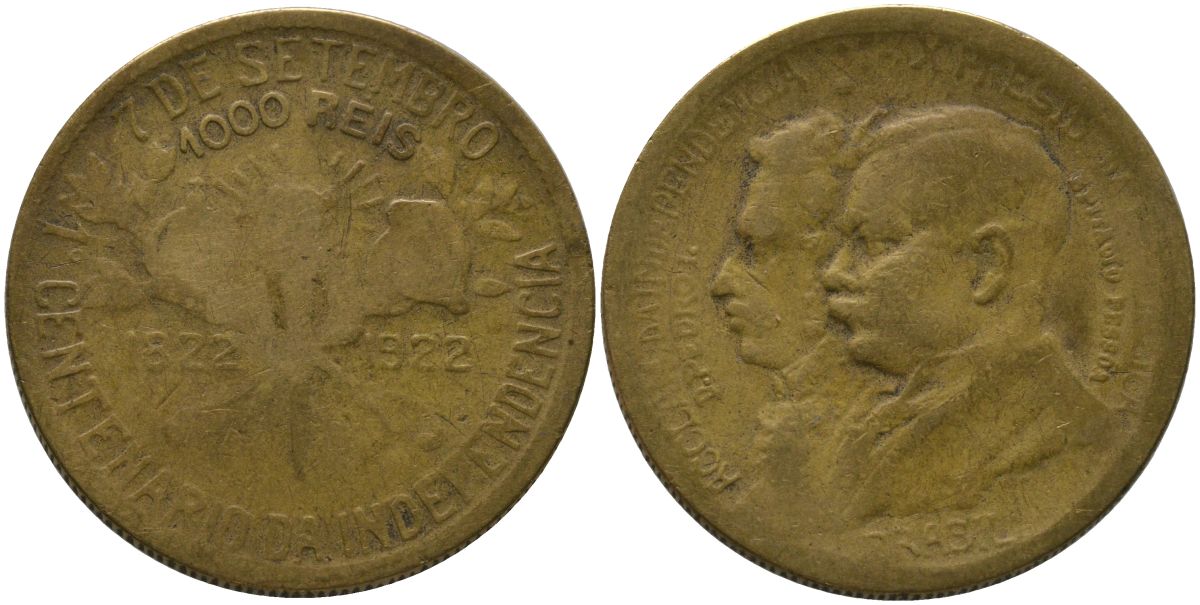 Бразилия 1000 реалов 1922 100 лет независимости Бразилии KM 522.1 алюминиевая бронза     4575-331