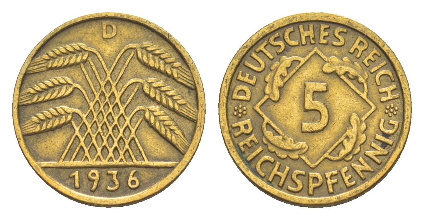 Германия 5 рейхспфеннигов 1936 D KM 39, J. 316 алюминиевая бронза 4549-539