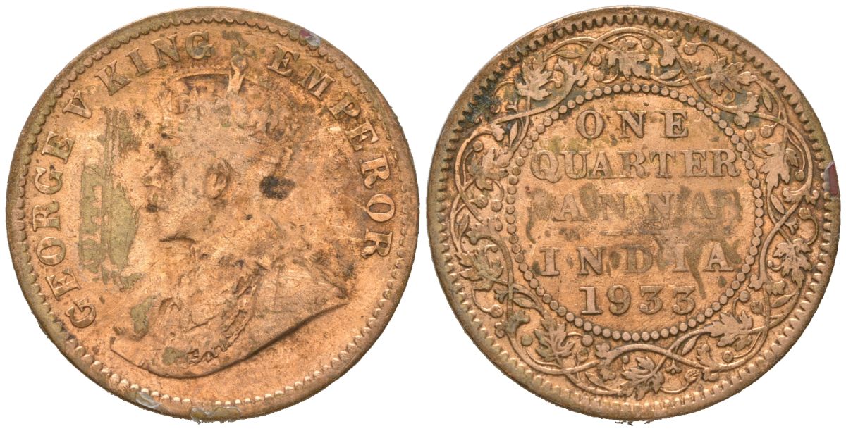 Британская Индия 1/4 анна 1933 Георг V (1910-1936) KM 512 бронза 4579-123