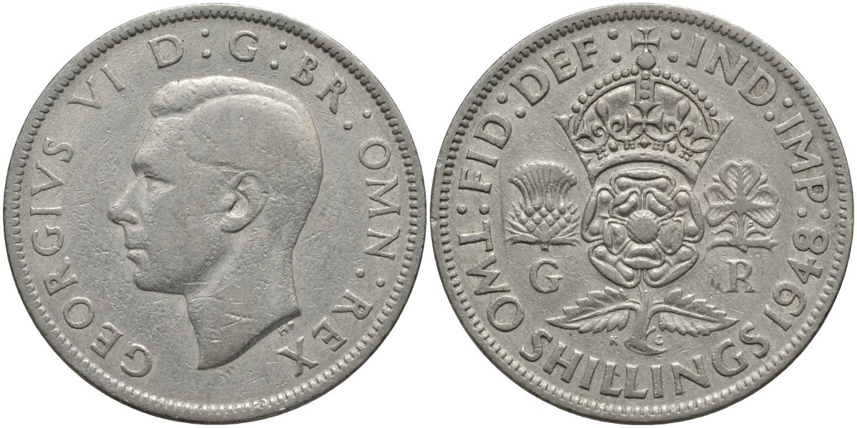 Великобритания 2 шиллинга (флорин) 1948 Георг VI (1936-1952) KM 865, Spink 4102 медно-никель 215-836