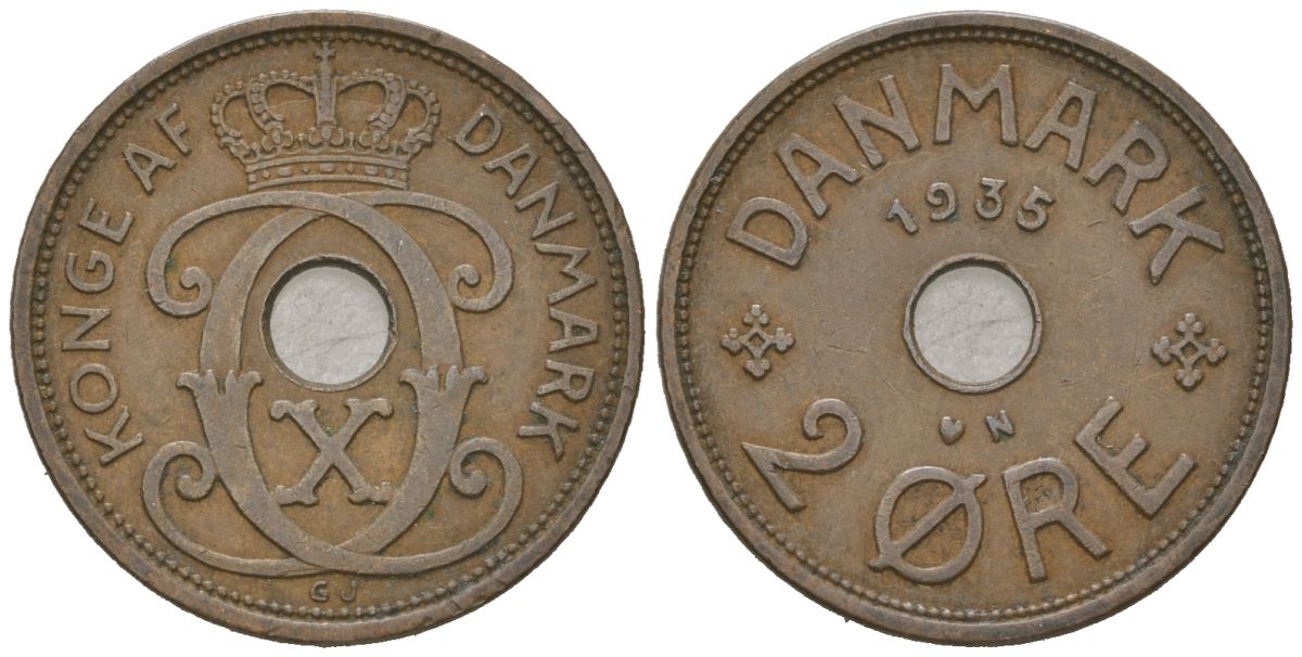 Дания 2 эре 1935 N; S, Кристиан X (1912-1947) KM 827 бронза 212-925