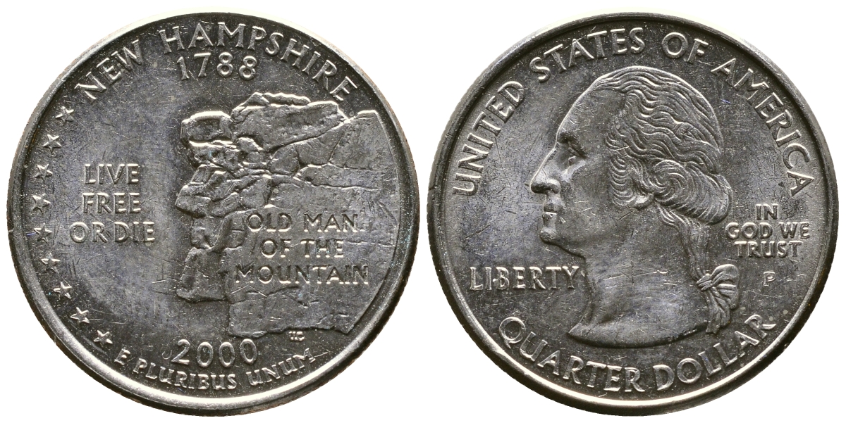 США 25 центов = квотер 2000 Р, серия штаты США, Нью-Гэмпшир KM 308 медь плакированная медно-никелем 56-654