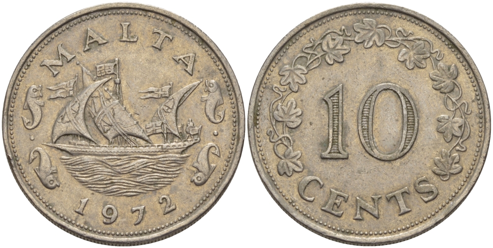 Мальта 10 центов 1972 баржа Великого магистра KM 11 медно-никель 82-422