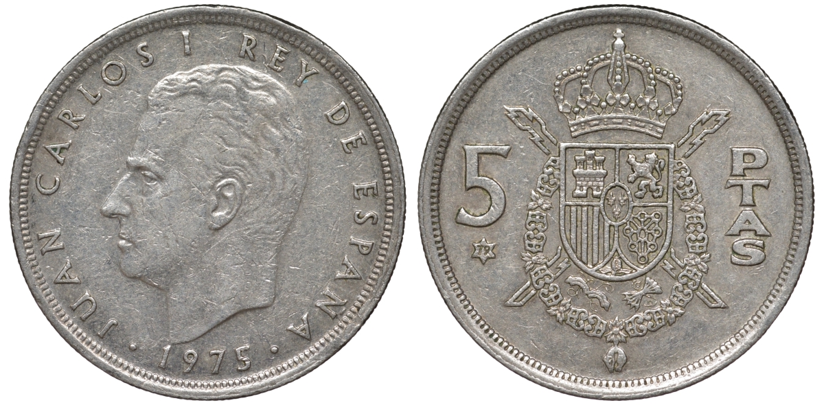 Испания 5 песет 1975 (79) Хуан Карлос I (1975-2014) KM 807 медно-никель 4543-223
