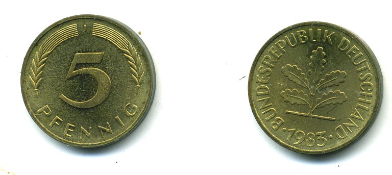 ФРГ 5 ПФЕННИГОВ 1983 J KM 107, J. 382 сталь плакированная латунью 46-2231