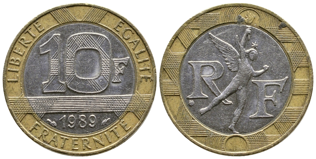 Франция 10 франков 1989 тип гений Бастилии KM 964.1, Le Franc 375.3 биметалл  51-5131