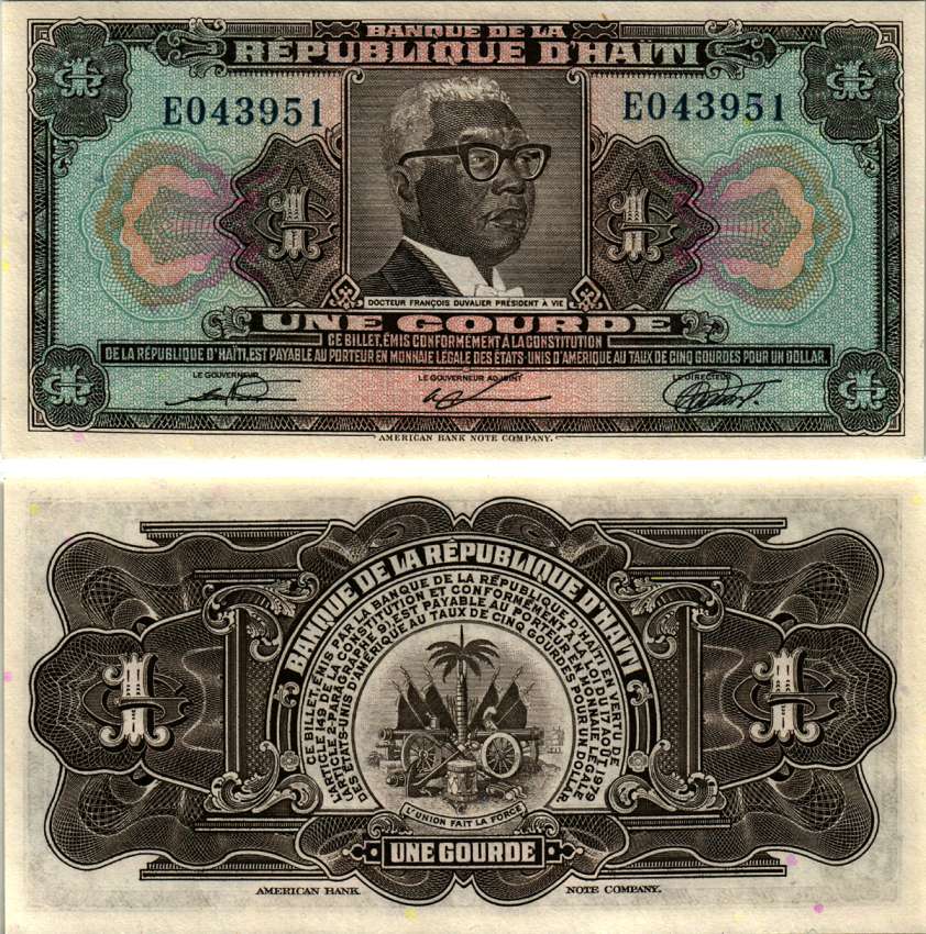 ГАИТИ 1 ГУРД 1979 (1980-1982) СЕРИЯ EO, ПРЕЗИДЕНТ ФРАНСУА ДЮВАЛЬЕ, ABNC, СВЕТИТСЯ В УЛЬТРАФИОЛЕТЕ Pick 230 бумага UNC (ПРЕСС) 2192-18-3-2