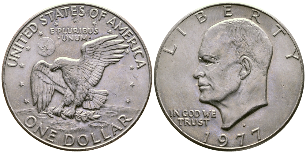 США 1 доллар 1977 D, Президент Эйзенхауэр, лунный орел KM А203 медь плакированная медно-никелем UNC 74-512