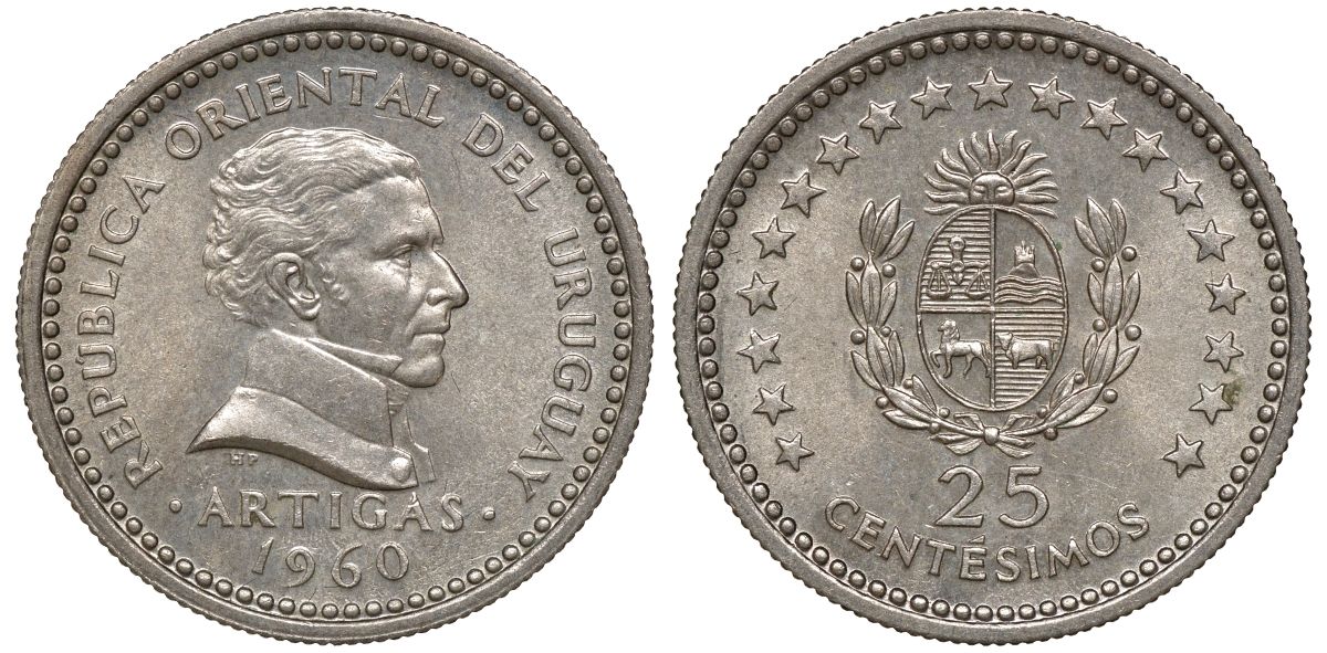 Уругвай 25 сентесимо 1960 KM 40 медно-никель 4169-822