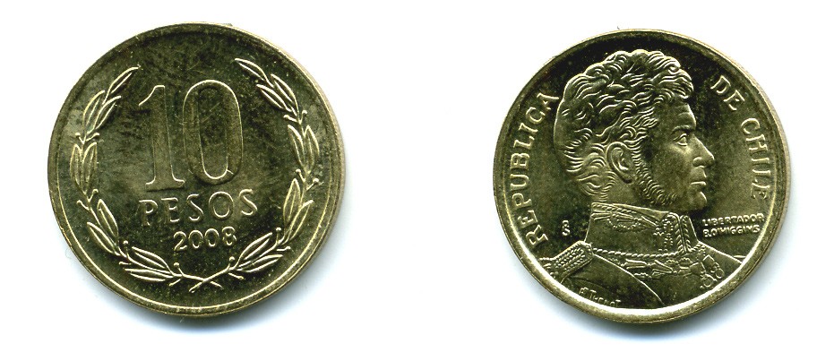 ЧИЛИ 10 ПЕСО 2008 ГЕНЕРАЛ БЕРНАРДО О ХИГГИНС KM 228.2 никель-бронза 37-315