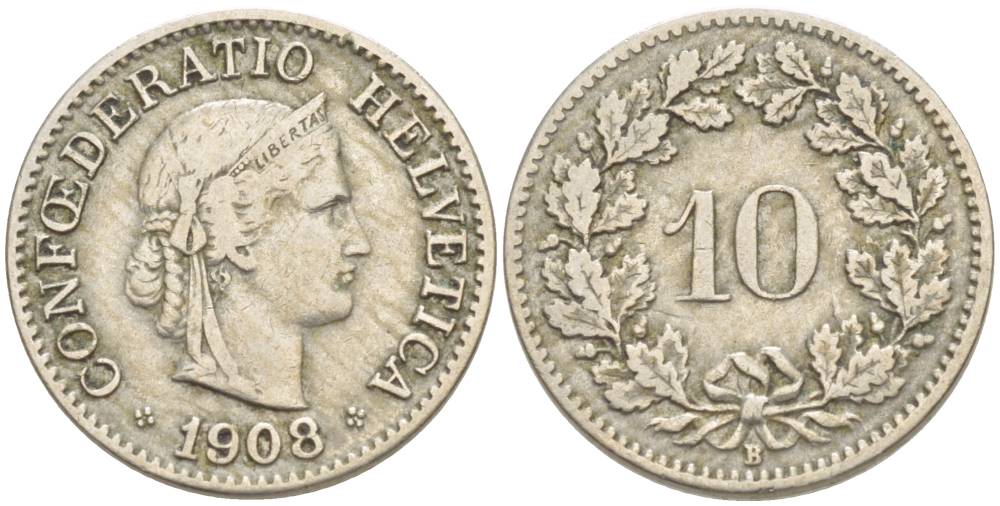 ШВЕЙЦАРИЯ 10 РАППЕНОВ 1908 В KM 27 медно-никель 4541-343