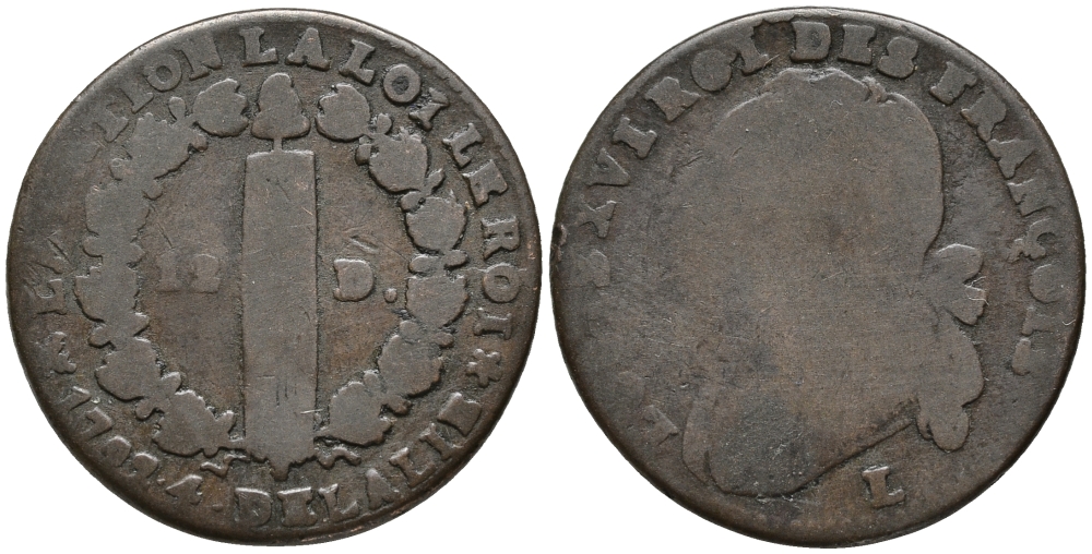 ФРАНЦИЯ 12 ДЕНЬЕ 1792 ВВ, ЛЮДОВИК XVI KM 600.4 (С88.4) бронза 32-915