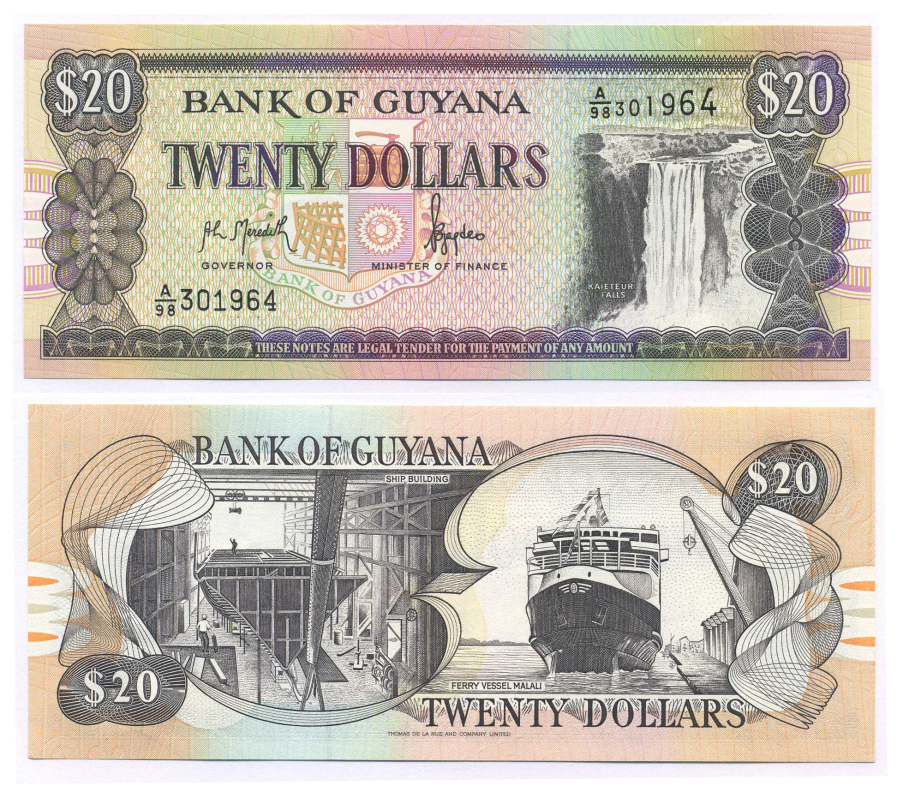 ГАЙАНА 20 ДОЛЛАРОВ 1996 ПОДПИСЬ 10, ВОДОПАД КАЙЕТУР, ПОРТ, КОРАБЛЬ Pick 30а бумага UNC (ПРЕСС) 8588-88-1-1